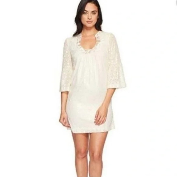 TRINA TURK Bonita Bell Sleeve Dress Gold Whitewash Ivory Metallic‎ size 4 small - Picture 1 of 15